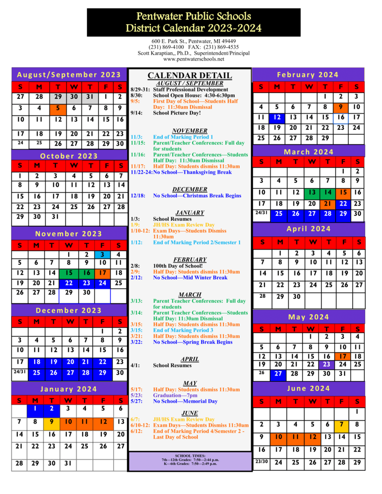 2023-2024 District Calendar | Pentwater Public Schools