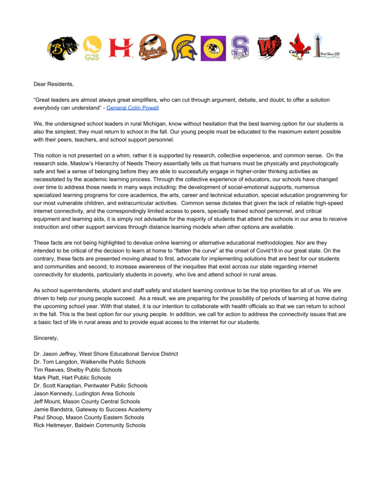WSESD Regional Superintendents' Association 2020/2021 Letter
