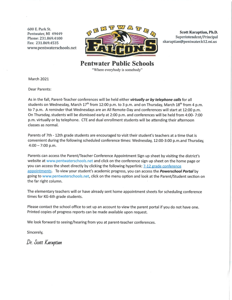 Parent Teacher Conference Letter 3-2-2021