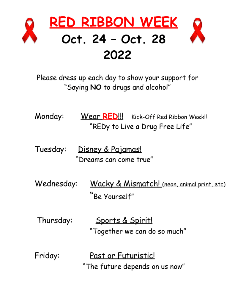 Red Ribbon Week Dress Up Schedule 2022!